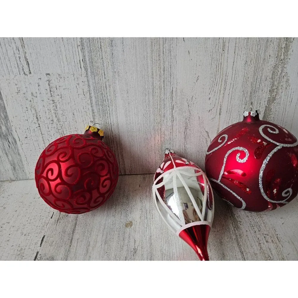 Red velvet glitter silver ball ornament Xmas teardrop vintage tree‎ set